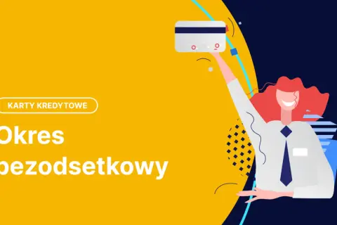 Karta kredytowa z okresem bezodsetkowym. Uśmiechnięta kobieta trzyma kartę.