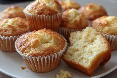 En tallrik med nybakade muffins, ett perfekt muffins recept. En muffin är uppäten och visar en fluffig insida.