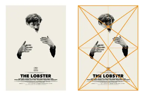Two examples of movie posters for "The Lobster," one with graphic design guides, featuring Colin Farrell's face and hands.