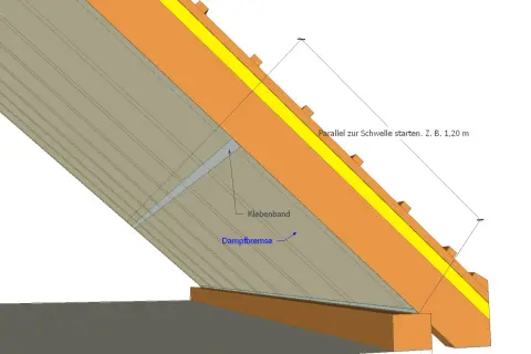 Detailansicht: Dampfbremse anbringen. Klebeband sichert die Folie parallel zur Schwelle.