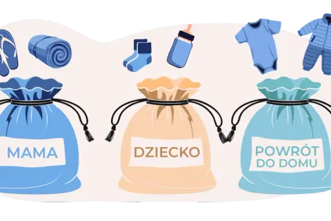 Torby z rzeczami dla mamy, dziecka i na powrót do domu. Worek "Dziecko" zawiera niezbędne rzeczy dla noworodka: body, skarpetki, butelkę i kombinezon.