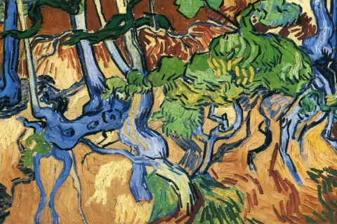 Wyrzeźbione przez naturę, niebieskie pnie drzew splatają się w żywym krajobrazie. Vincent van Gogh ciekawostki: jego dzieła pełne są emocji.
