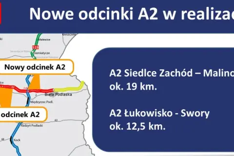Mapa pokazuje nowe odcinki A2 Siedlce Zachód - Malinowiec i A2 Łukowisko - Swory, ułatwiające podróż między Siedlcami a Białą Podlaską.