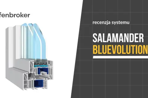 Przekrój okna Salamander Bluevolution 82, prezentujący jego wielokomorową konstrukcję i energooszczędne szyby.