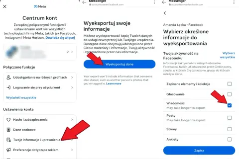Jak przywrócić Messenger w telefonie? Zrzut ekranu pokazuje proces eksportu danych z Facebooka, w tym wiadomości.