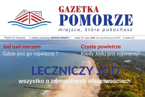 Widok na plażę i morze z tekstem "Jod nad morzem" i "Leczniczy jod".