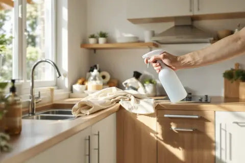 Ręka trzymająca biały spray, gotowa do czyszczenia szafek kuchennych z tłuszczu. Obok leży ściereczka.