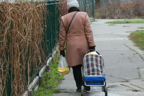 Starsza pani z wózkiem na zakupy i bananami w torbie, idzie ścieżką. Może to być obraz symbolizujący demencję starczą i codzienne zmagania.