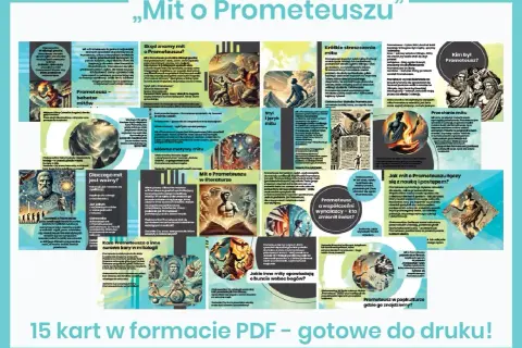 Kompozycja z ilustracjami i tekstem na temat mitu o Prometeuszu.