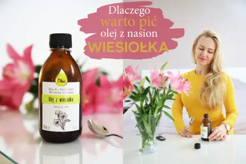 Kobieta z uśmiechem trzyma butelkę oleju z wiesiołka, sugerując jego pozytywne efekty dla skóry i zdrowia.