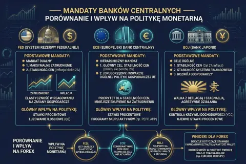 Porównanie mandatów banków centralnych (FED, EBC, BOJ) i ich wpływu na politykę monetarną, uwzględniające **datę waluty a datę operacji**.