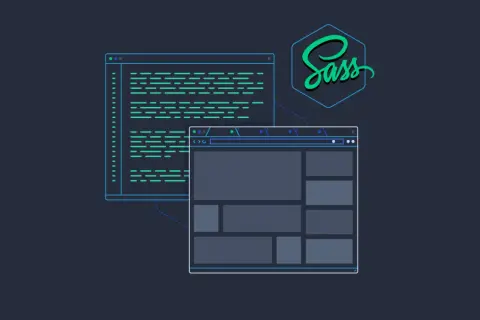 Code et maquette web, avec le logo Sass. Le CSS devient plus puissant avec Sass.