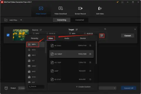 Selecting MP4 as the target format for an MPG video conversion.