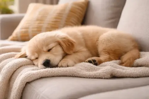 Uroczy szczeniak golden retriever śpi na kanapie, zwinięty w kłębek. Może mu się śni, że pies szczeka przez sen, bo porusza łapką.