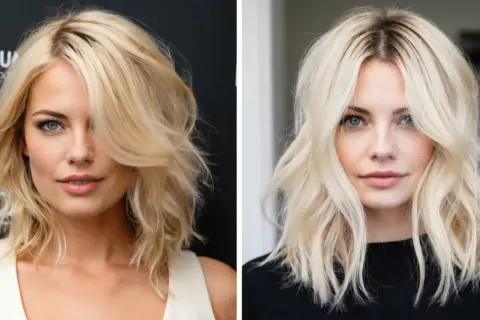 Zabieg odcienia od blond do naturalnej barwy włosów. Kobieta z niebieskimi oczami i falowanymi włosami.