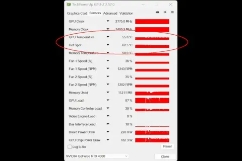 GPU-Z zeigt, wie warm eine Grafikkarte werden darf: GPU-Temperatur 55.6°C, Hot Spot 62.5°C.