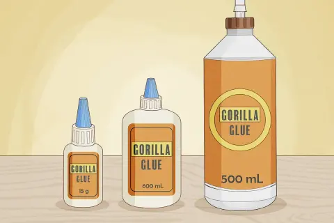 Trois bouteilles de colle forte Gorilla Glue de différentes tailles. Apprenez comment enlever de la colle forte avec ces produits.