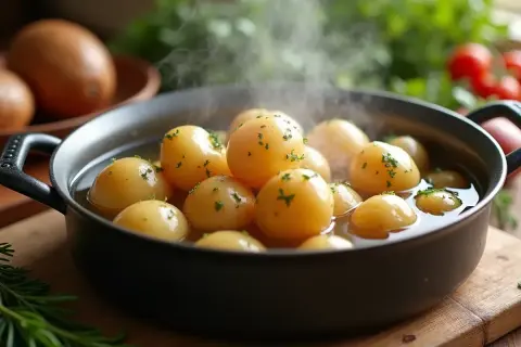 Parowane ziemniaki w garnku, posypane natką pietruszki. Idealne, by dowiedzieć się, jak ugotować ziemniaki.