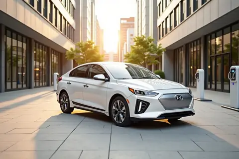 Biały Hyundai Ioniq 5, samochód elektryczny od Hyundai Motor Company, zaparkowany przy ładowarkach w miejskim otoczeniu.