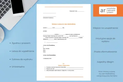 Wzór umowy o pracę na czas nieokreślony, gotowy do wypełnienia. Idealny dla pracodawcy szukającego formalnego dokumentu.