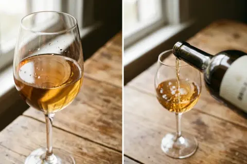 Ein Glas Wein, daneben wird Wein aus einer Flasche in ein Glas gegossen. Der Wein hat eine goldene Farbe, die auf den Gehalt an Sulfite im Wein hinweisen könnte.