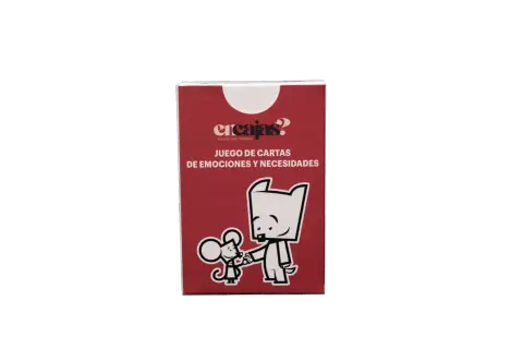 Caja de juego de cartas "Encajas?" con ilustraciones de un ratón y un perro. Explora cartas de emociones y necesidades para entenderte mejor.