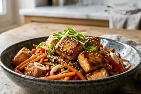 Délicieux wok de poisson aux légumes croquants et graines de sésame, garni de ciboule fraîche. Un plat savoureux et coloré.