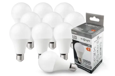 Żarówka LED 10W zużywa mało prądu, zapewniając 1000 lumenów. Opakowanie pokazuje szczegóły produktu.