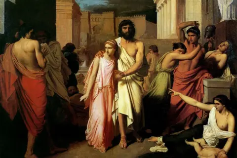 Le roi Créon, le visage sombre, soutient une jeune femme. Autour d'eux, des figures tragiques pleurent des morts, un bébé gisant au sol.