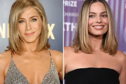 Jennifer Aniston i Margot Robbie prezentują stylową fryzurę na imprezę włosy do ramion.