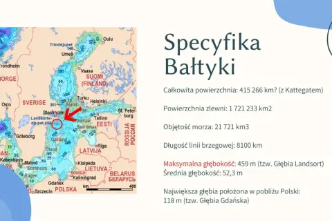 Mapa Bałtyku z zaznaczonymi głębokościami i nazwami krajów.