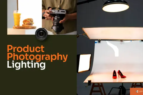 Setting up lighting for product photography at home. A burger and drink are lit on the left, while red heels are illuminated on the right.