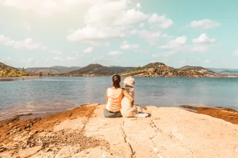 Une femme et son chien profitent d'une vue paisible sur un lac. Un moment de complicité au bord de l'eau, parfait pour un lac pour chien.
