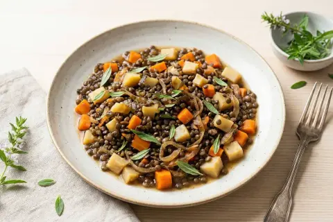 Linseneintopf mit Karotten und Kartoffeln, garniert mit frischen Kräutern, die an Bohnenkraut erinnern.