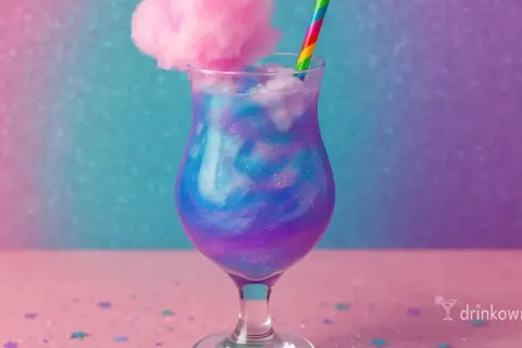 Magiczny alkohol z brokatem, ozdobiony watą cukrową i tęczową słomką, wygląda jak napój z bajki.