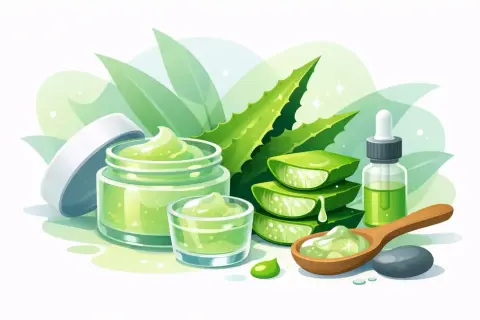 Erfrischendes aloe vera gel gesicht Pflege mit frischen Aloe-Blättern, Creme und Serum.