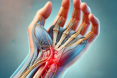 Dettaglio anatomico della mano che illustra la neuropatia da compressione, con nervi e muscoli evidenziati in rosso nell'area interessata.