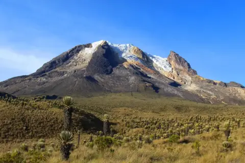 Paysage de haute montagne en Colombie, avec un volcan enneigé et une végétation unique de frailejones. Une invitation à la randonnée.