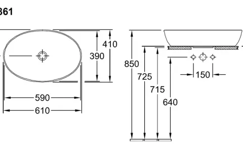 Rysunek techniczny prezentuje wymiary umywalki nablatowej: szerokość 590-610 mm, głębokość 390 mm, wysokość 205 mm.