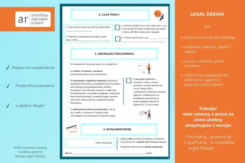 Wzór umowy o pracę na okres próbny z czytelnymi punktami i wskazówkami.