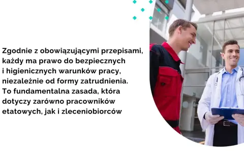 Lekarz i pracownik w kombinezonie rozmawiają. Tekst podkreśla, że umowa zlecenie a BHP to temat ważny dla każdego pracownika.