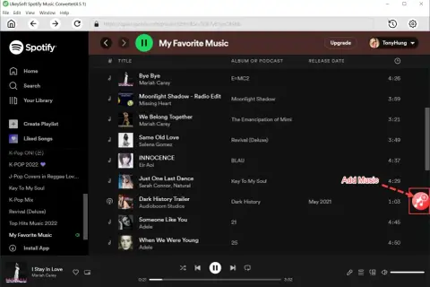 Spotify: lista utworów "My Favorite Music" z zaznaczonym przyciskiem dodawania muzyki.