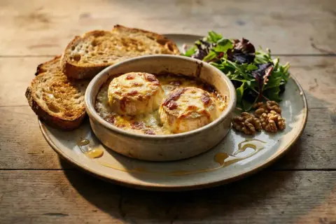 Deux crottins de Chavignol au four, gratinés et fondants, servis avec toasts grillés, salade verte et noix. Une recette simple et gourmande.