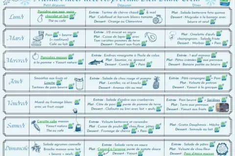 Tableau hebdomadaire de menus d'hiver avec des produits Bleu-Blanc-Cœur, proposant un menu équilibré pour chaque jour, du petit-déjeuner au dîner.