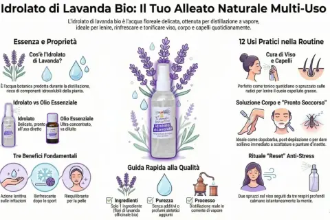 L'idrolato di lavanda bio è un'acqua floreale delicata, ottenuta per distillazione a vapore, ideale per lenire e rinfrescare viso, corpo e capelli.