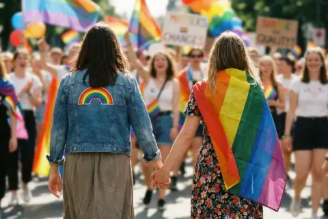 Dwie kobiety trzymają się za ręce na marszu równości, otoczone tęczowymi flagami. Ich związki partnerskie są symbolem dumy i akceptacji.