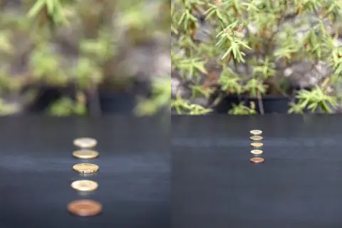 Cinq pièces de monnaie alignées sur une surface sombre, vues en perspective.