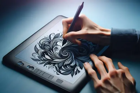 Hands drawing intricate floral patterns on a tablet, showcasing the versatility of illustrator templates for digital art creation.