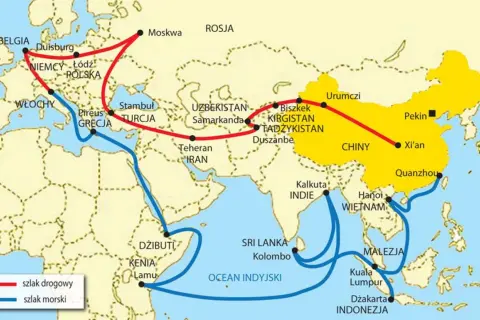 Mapa przedstawia historyczny jedwabny szlak, łączący Chiny z Europą drogami lądowymi i morskimi, przebiegający przez Azję Środkową, Bliski Wschód i Afrykę.