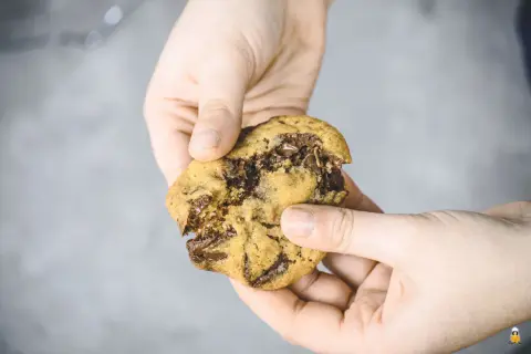 Hände halten einen weichen Chocolate Chip Cookie, der gerade zerbrochen wurde. Das Innere ist voller geschmolzener Schokolade. Ein perfektes soft cookies rezept!